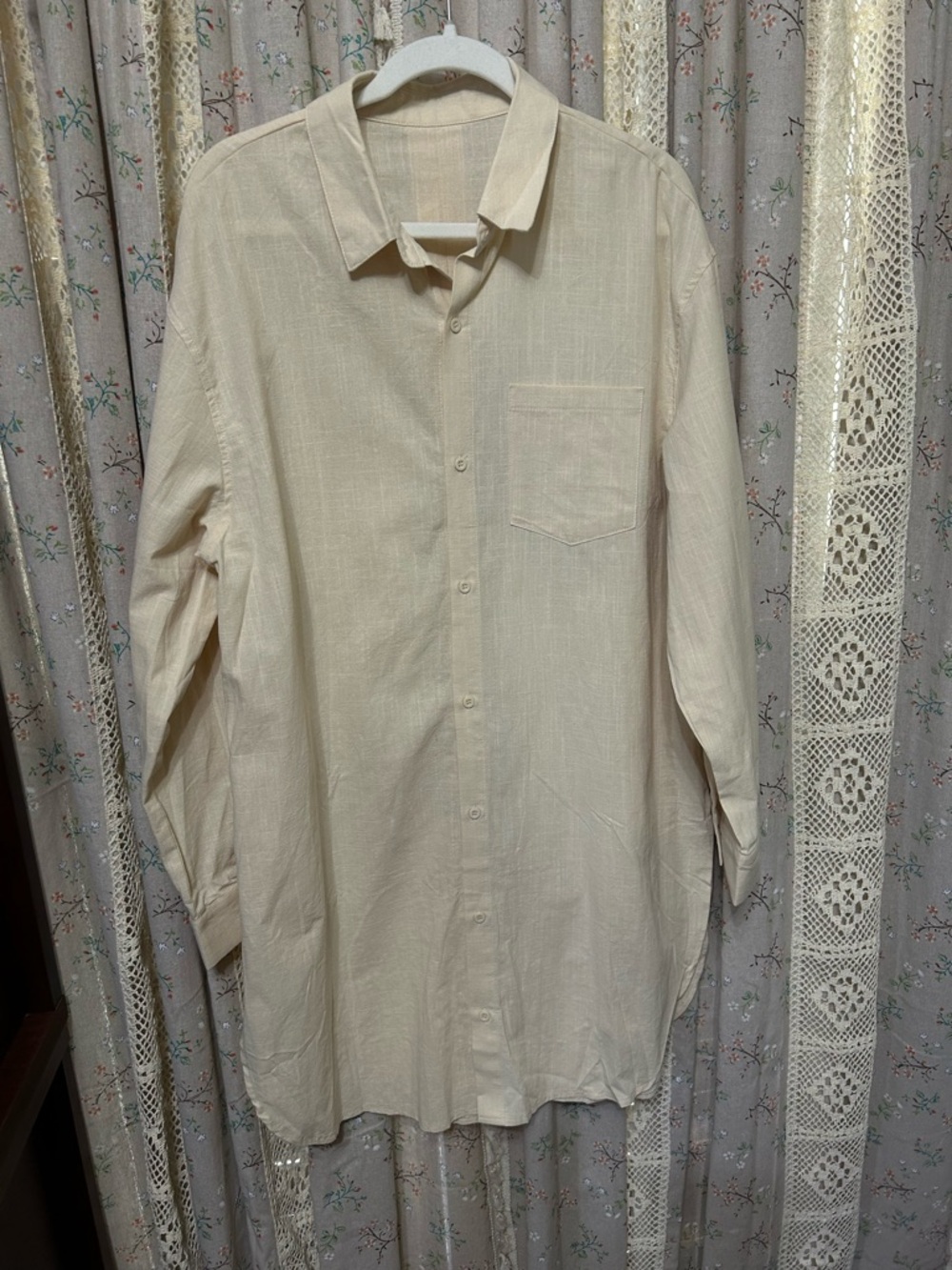 Cotton Linen Longline Button Up Tunic Shirt Beige XL Coastal Grandma